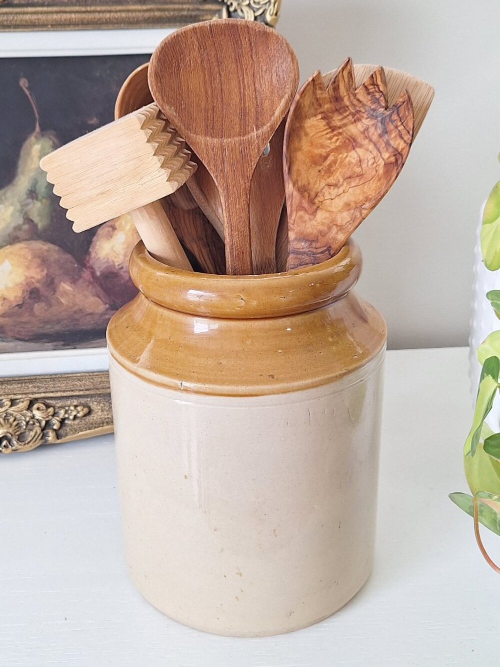 Antique crock stoneware jar utensil holder beige brown 1/2 - 1 gallon Vintage